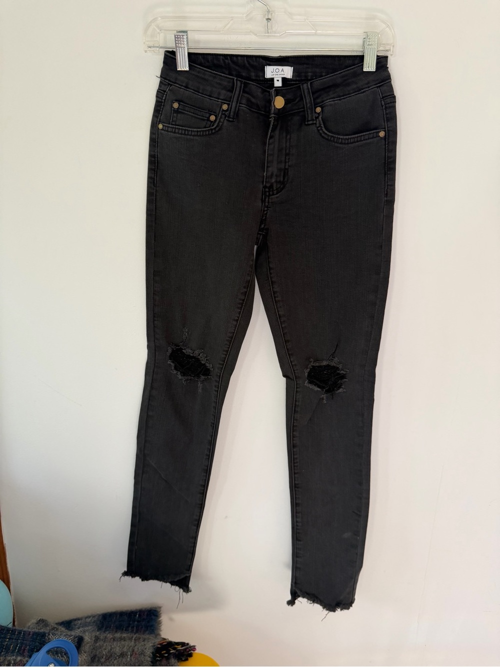 J.O.A. Black Distressed Skinny Jeans with Raw Ankles